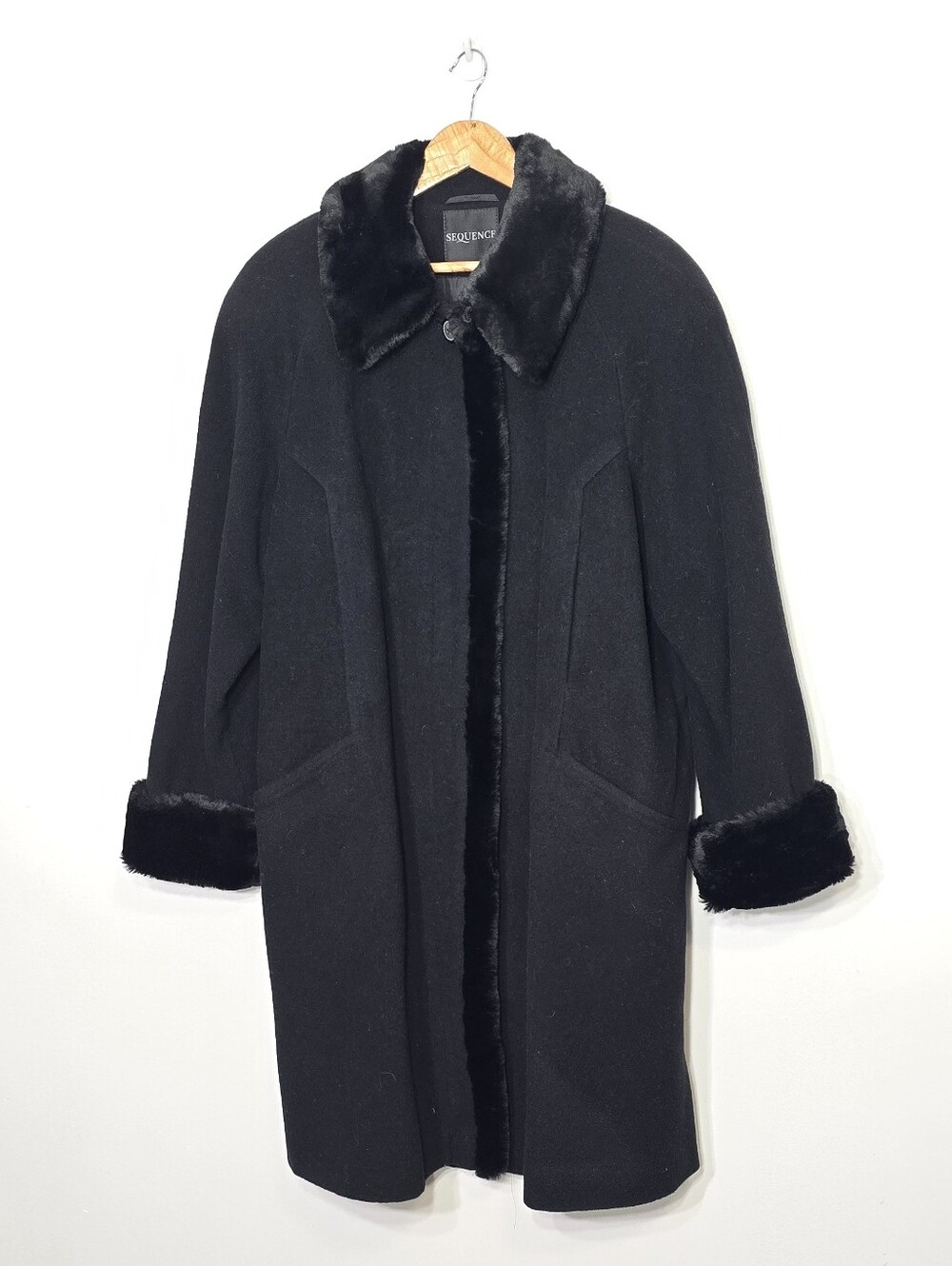 Vintage Sequence Black Faux Fur Collar Wrists Wool Blend Academia Professional